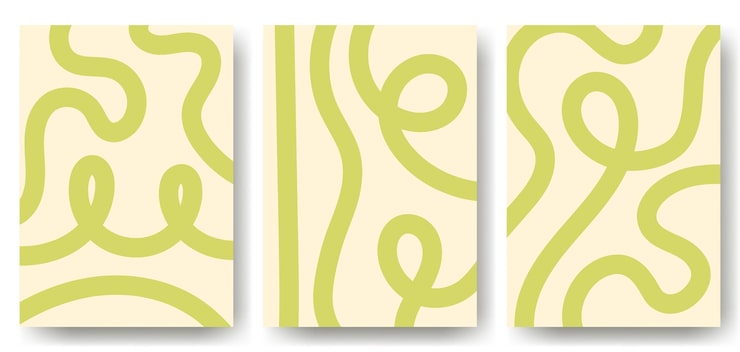 Set of backgrounds with abstract green lines on beige background Pattern in the form of waves curls Smooth graphic elements modern objects from vector abstract lines Striped background