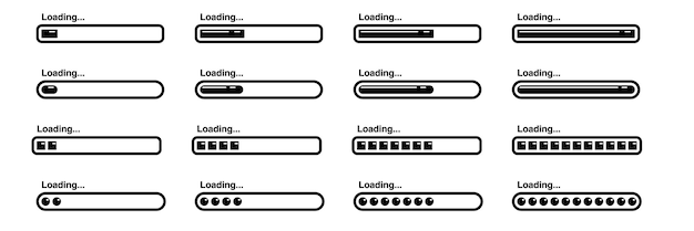 Vector set of black loading bar icons with various progress styles and shapes on white background modern minimal vector collection for web ui and digital interface design