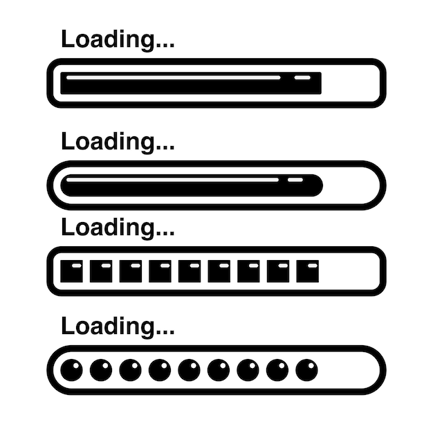 Vector set of black loading bar icons with various progress styles and shapes on white background modern minimal vector collection for web ui and digital interface design