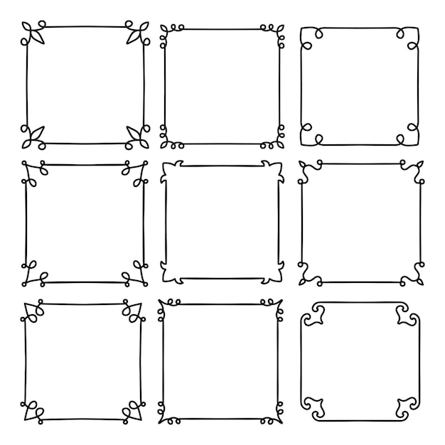 Vector set of black simple line frames collection of doodle square abstract borders hand drawn vector desig...