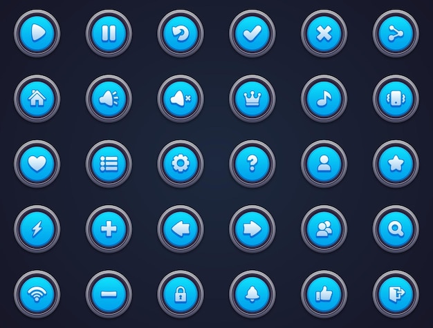 Vector set of blue buttons for mobile games game interface cartoon ui buttons set game ui buttons kit