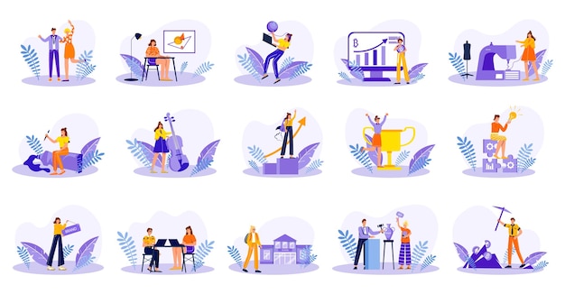 Vector set of blue concepts with people scene in flat cartoon design scenes using a beautiful color palette