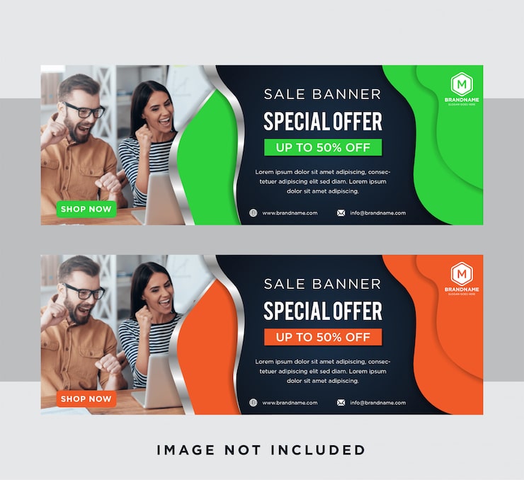 Vector set of blue horizontal web banners combined with flat green, orange, and gradient grey color