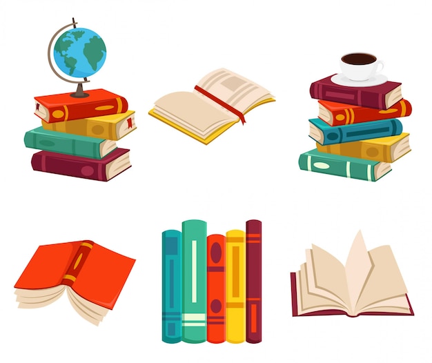 Vector set of books illustration with investigation stuff