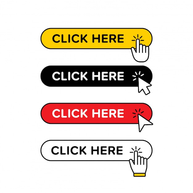 Vector set of click here button with pointer and hand clicking option.