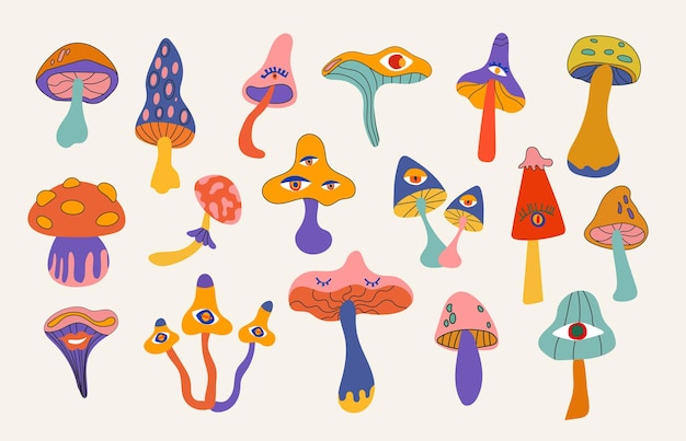 Vector set of clockwork mushrooms in retro 70s style psychedelic abstract hippie style mushrooms with eyes
