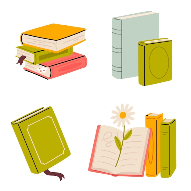 Vector set of closed and open books in green yellow and red colors for reading and education designs