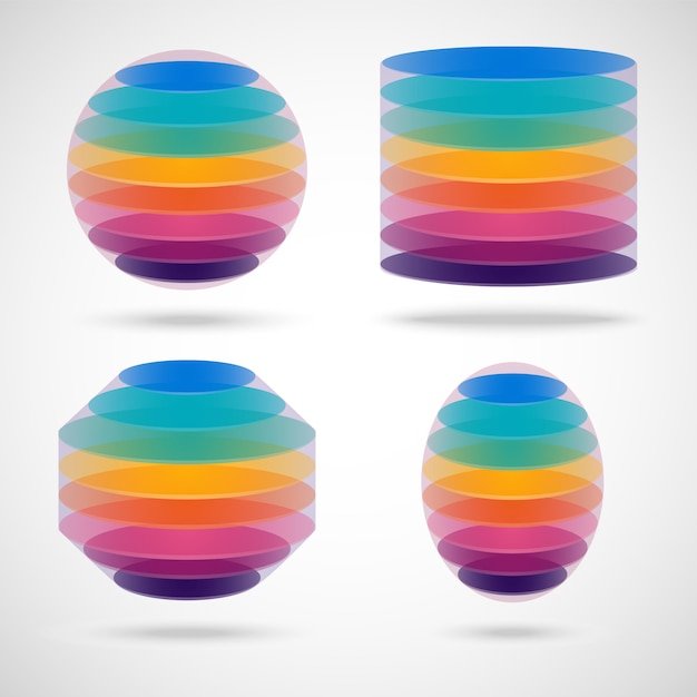 Vector set of colored sphere, cylinder, polygon and ellipse on grey .  