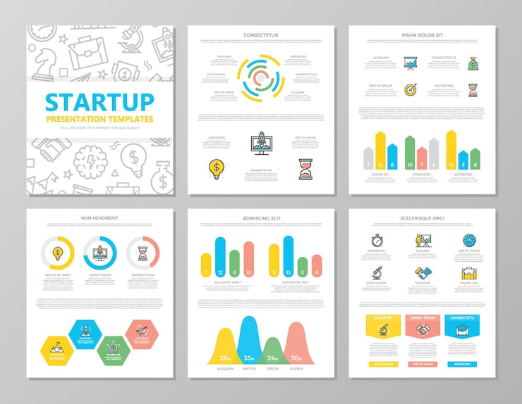 Vector set of colored startup and business elements for multipurpose a4 presentation template slides with graphs and charts leaflet corporate report marketing advertising book cover design