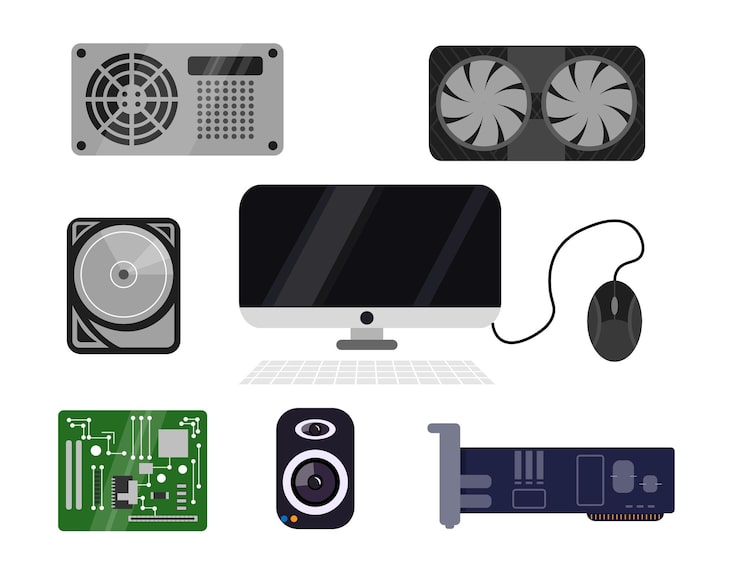 Set of computer devices in cartoon style Vector illustration of various computer devices computer with keyboard and mouse speaker power supply unit video card motherboard chip network adapter