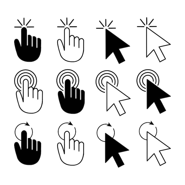 Vector set of computer mouse cursor pointers mouse cursor click icons pointer cursor arrow and hand vect