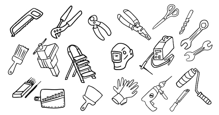 Set of construction tools in doodle style