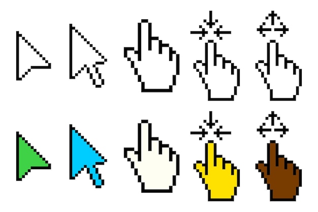 Vector set of cursor line icon computer mouse arrow hover click highlight screen pixel style multicolored icon on white background