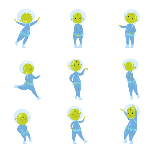 Vector set of cute green alien character in blue clothes
