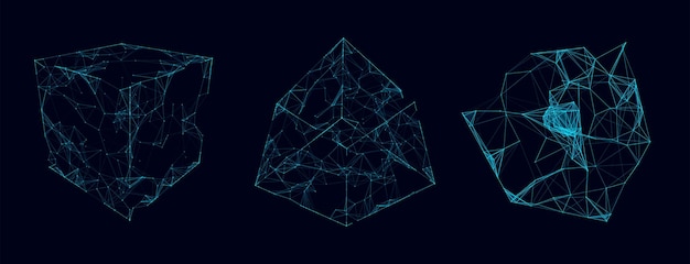 Vector set of deformed wireframe cube from different sides vector abstract geometric 3d objects technology block chain network connection big data visualization