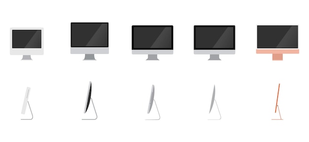 Vector set of desktop computer monitor with side angle empty display device screen mockup blank vector