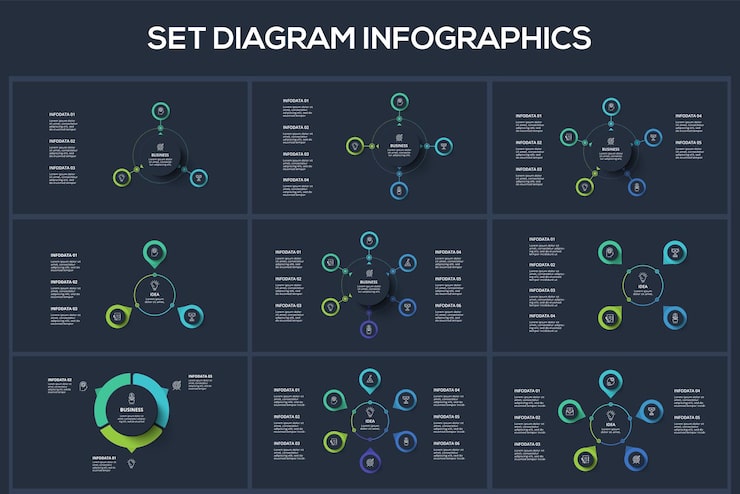 Vector set diagram dark infographics elements with 3 4 5 6 options template for web on a black background