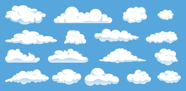 Vector set of different cartoon clouds isolated on blue sky.