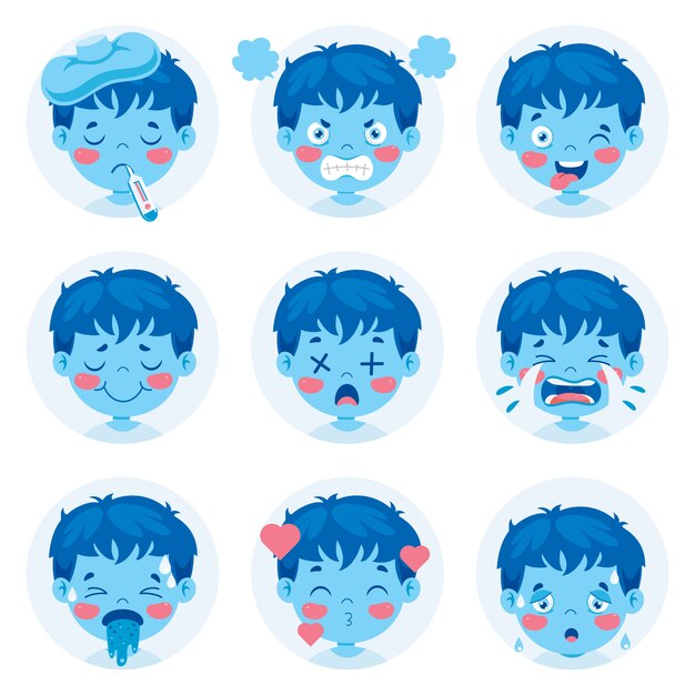 Vector set of different expressions of kids