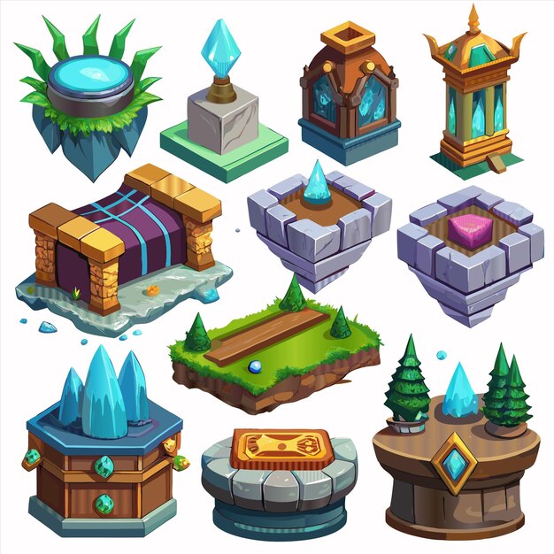 Vector a set of different types of buildings including a castle and a fountain