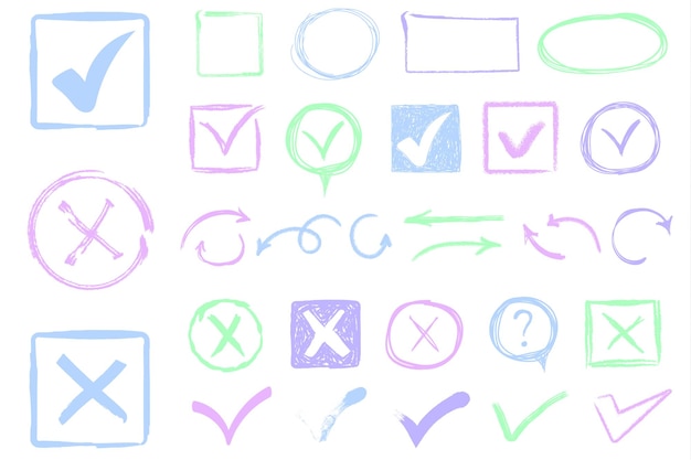 Vector set of doodle check mark with circle arrows and underlines checkmarks and crosses hand drawn