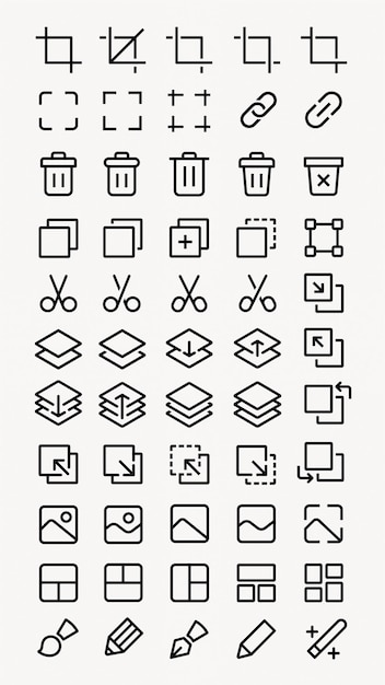 Vector set of editing icons crop delete link scissors layers rotate simple black line icons for editing tasks perfect for design editing and ui projects user interface icons ui icon vector set