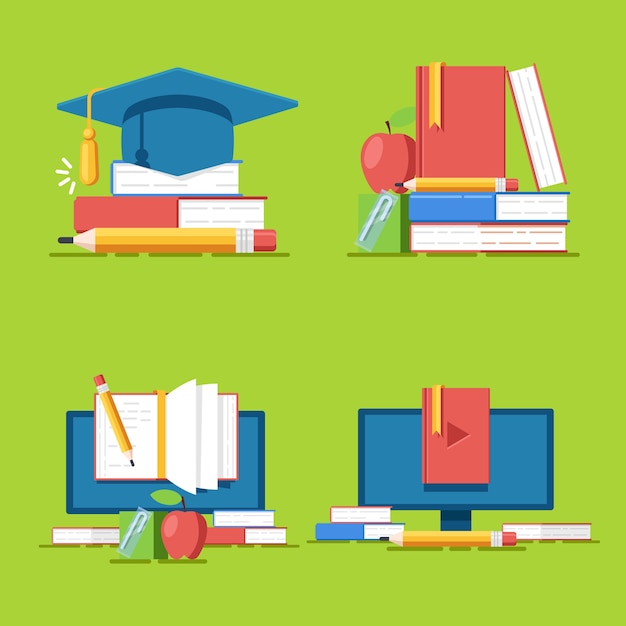 Vector set of education compositions with academy hat books 