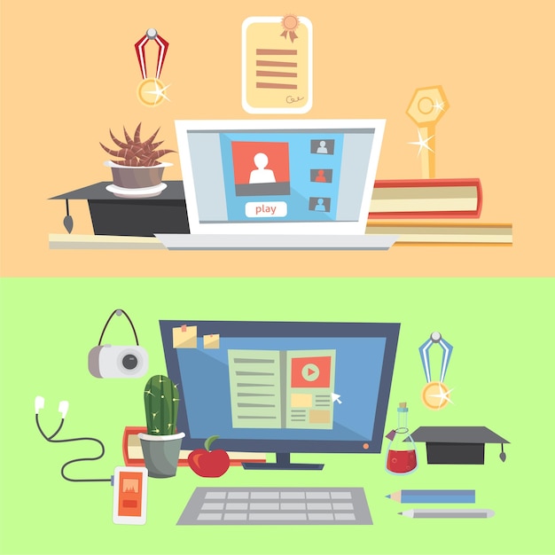 Vector set education, online education, online learning, workpalce at home