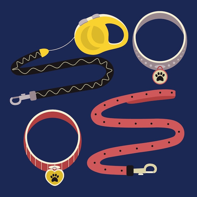 Vector a set of elements for animals cats dogs leashes collars with medallions