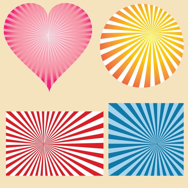 Vector set of four sunburst pattern with heart shape. vectro illustrator