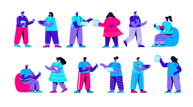 Vector set of funny journalists with notepads, laptop computers flat blue people character