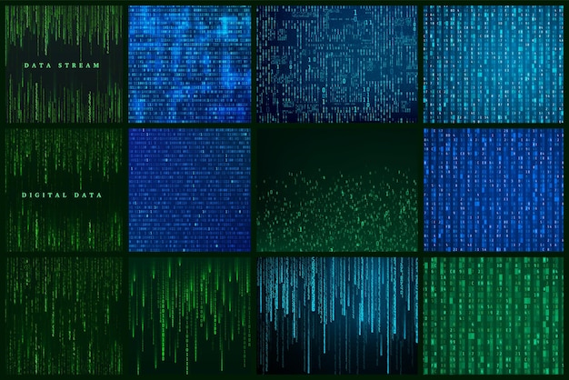 Vector set of futuristic abstract background matrix style sci fi backdrop rendom generated binary data stream vector illustration