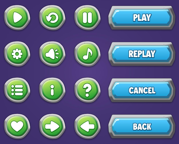 Vector set of game buttons with editable text effect and icons in stone style. gui design to build games.