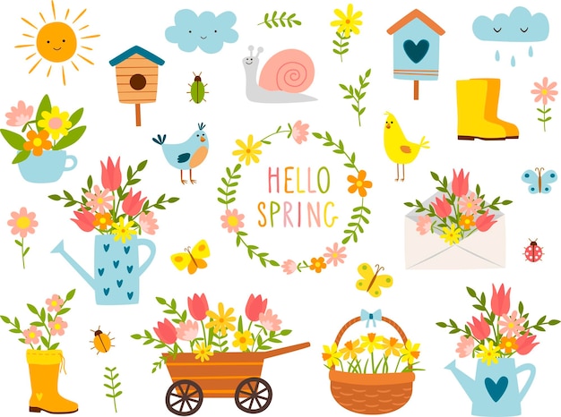 Vector set of garden spring cartoon design elements vector illustration
