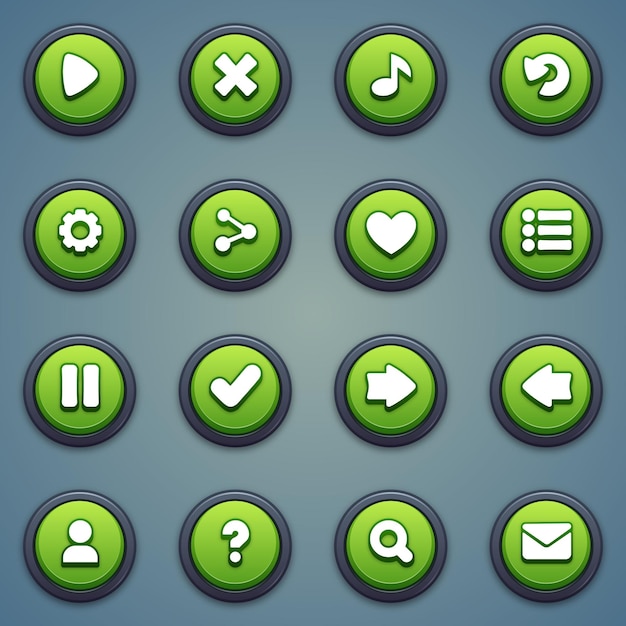 Vector set of green buttons for mobile games game interface cartoon ui buttons set game ui buttons kit