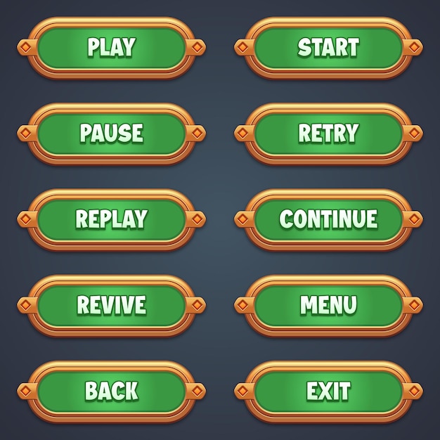 Vector set of green game buttons for mobile games with editable text effect gui to build 2d games