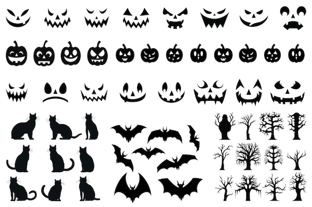 Vector set of halloween silhouettes black icon and character vector illustration