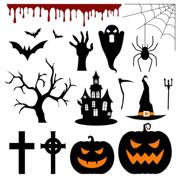 Vector set of halloween silhouettes design of ghost creepy and spooky elements for decorations sketches