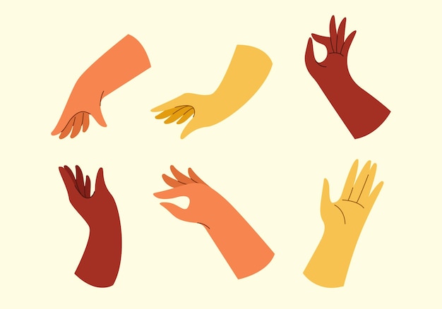 Vector set of hand drawn colorful hands various gestures different ethnic groups