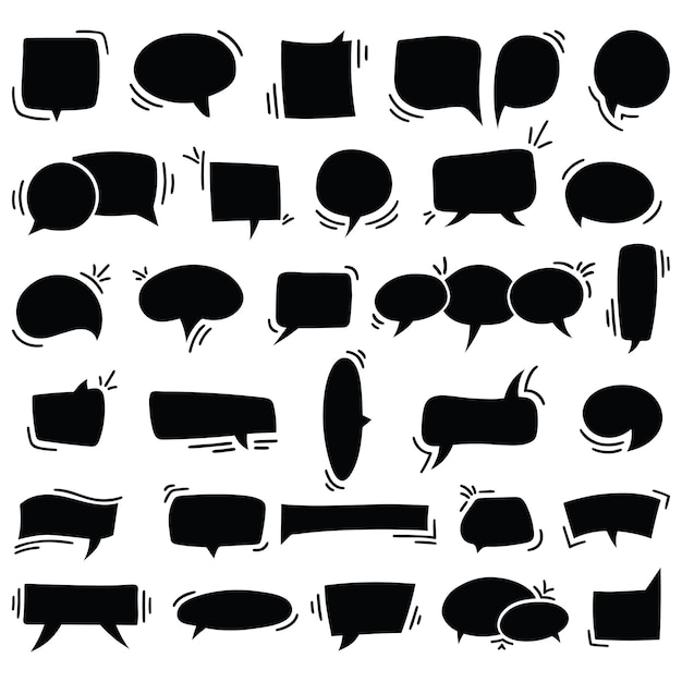Vector set of hand drawn, flat, empty, black speech balloons or chat bubbles, design element for speech