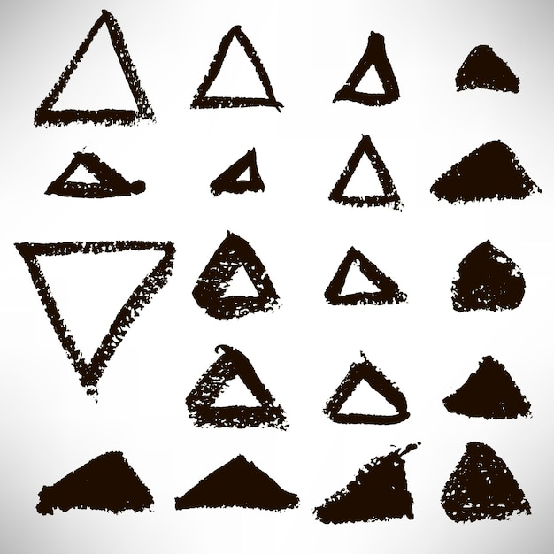 Vector set of hand drawn triangular black grunge shapes, frames, elements for design.