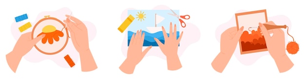 Vector set of hands gaining creative classes embroider and make applique diy creativity hobby relaxed sparetime