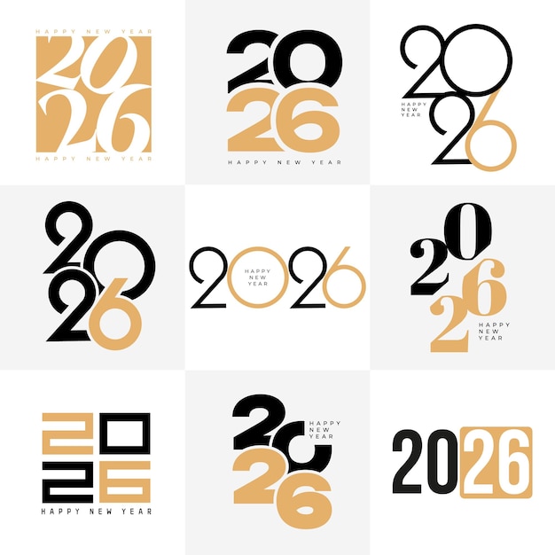 Vector set of happy new year 2026 logo design template in gold and black colors vector illustration for calendar invitation greeting card banner poster
