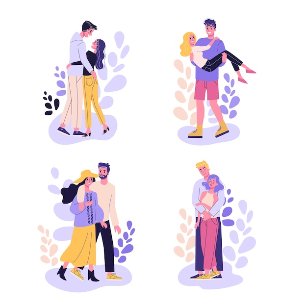 Vector set of happy romantic couple. man and woman on the date, romantic relationship.  illustration in cartoon style