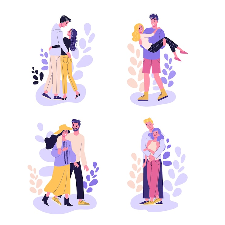 Vector set of happy romantic couple. man and woman on the date, romantic relationship. illustration in cartoon style