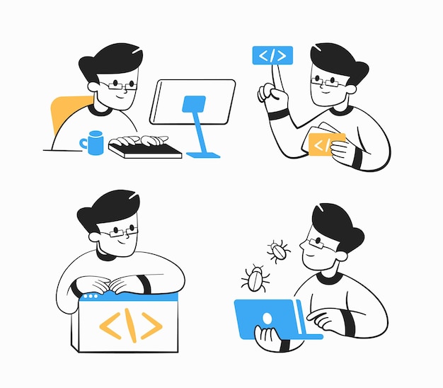 Vector a set of icons about a programmers work with a part of the code a programmer looking for bugs