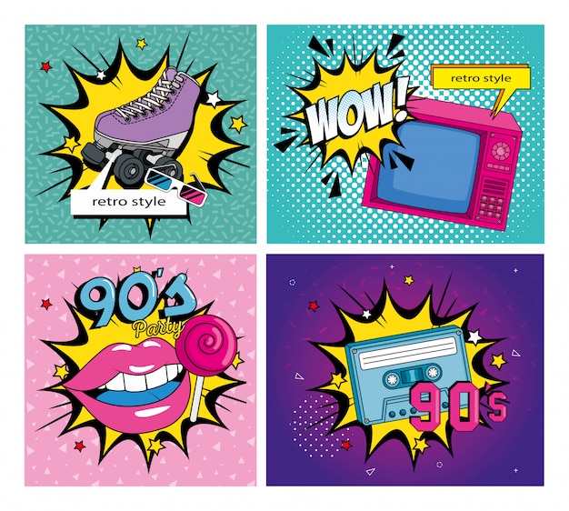 Vector set illustration of nineties retro style