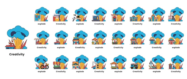 Vector set of illustrations in the concept of bombs and creativity in a line style