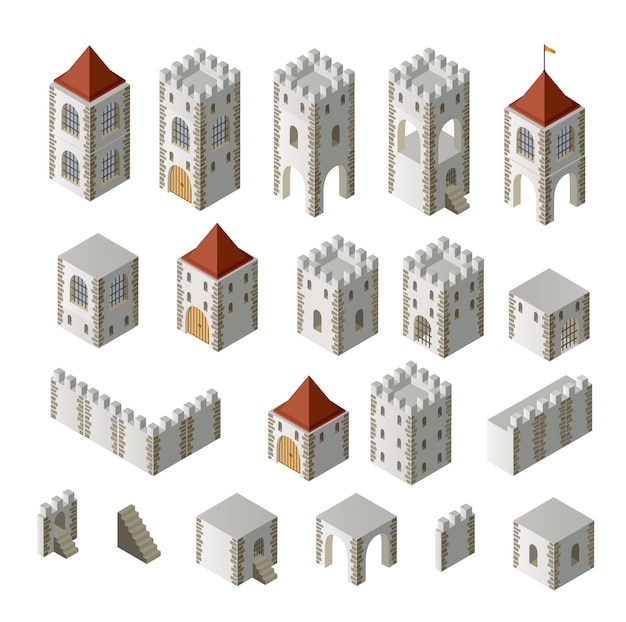 Vector a set of isometric medieval buildings on a white background
