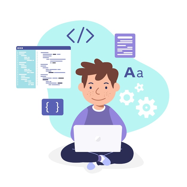 Vector set of kids with computer laptop learn coding vector illustration